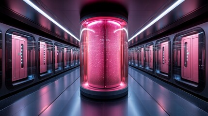 Aufkleber - A futuristic quantum computing hub showcases a central illuminated cylinder representing qubits.