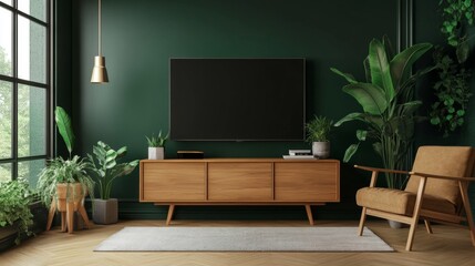  A dark green living room with a TV cabinet.
