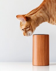 Poster - Scandinavian Pet Tech Minimalist Wooden Smart Feeder with Curious Ginger Cat - Innovative Home Automation for Modern Pet Wellness Experiences
