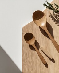 Leinwandbilder - Minimalist Culinary Craft Organic Wooden Utensils with Natural Shadows - Sustainable Kitchen Design Meets Artisanal Functionality