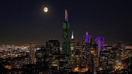 Poster - Vibrant city skyline illuminated by colorful lights with a full moon in the night sky