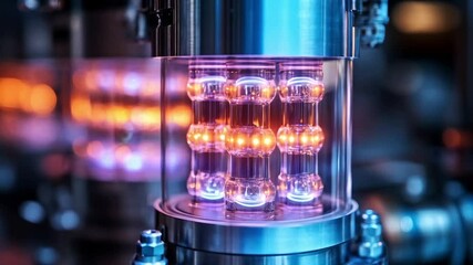 Fototapete - Advanced quantum computing system features multiple qubits arranged in a transparent chamber. Vibrant colors indicate entanglement and superposition, essential for enhancing computational power.