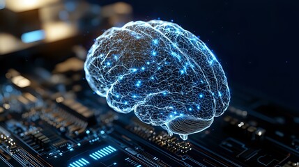 Poster - Glowing blue digital brain hologram floating over computer circuit board represents artificial intelligence and machine learning technology advancement.