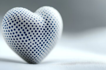 Poster - White heart with blue polka dot pattern on soft textile background, romantic minimal composition in pastel tones. Modern love concept for greeting cards and valentines.