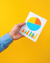 Poster - Hand Holding Colorful Pie Chart and Bar Graph on Bright Yellow Background