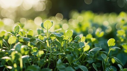 Wall Mural - nature's embrace: a vibrant tapestry of green sprouts, illuminated by sunlight.
