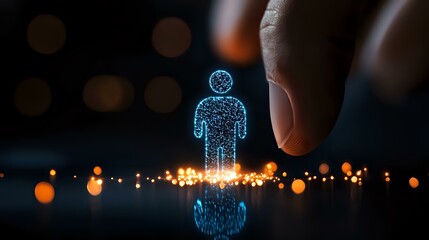 Poster - Glowing blue hologram figure with human finger interaction against dark background with bokeh lights creating magical atmosphere and reflection.