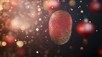 Poster - Red glowing fingerprint pattern floating in dark space with bokeh light effects and particles, representing digital security and biometric authentication.