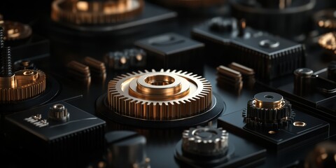 Poster - Intricate Design of Golden Metallic Gears Showcases Precision Engineering and Modern Industrial Art on a Sleek Black Backdrop Generative AI