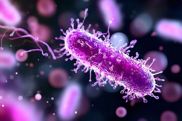 Poster - Purple bacteria cell with protein spikes on dark background with bokeh effect and floating particles. Scientific microscopic visualization for medical and educational use.