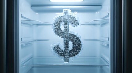 Poster - Frozen dollar sign made of ice in empty refrigerator with blue light illumination, symbolizing cold cash, frozen assets and financial concepts.