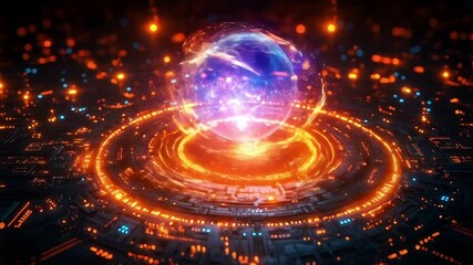 Fototapete - In a digital realm, vibrant orbs of energy demonstrate the concepts of quantum superposition and entanglement.