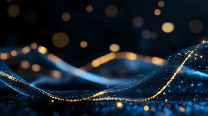 Aufkleber - glowing blue and gold waves with sparkling particles flow against dark background creating magical a