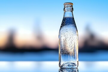 Poster - Glass bottle with condensation drops against blurred winter landscape background, cold refreshing drink in transparent container with metal cap.