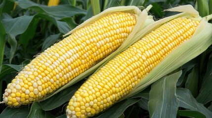 Leinwandbilder - Ripe corn cobs ready for harvest in a lush agricultural field at peak growing season