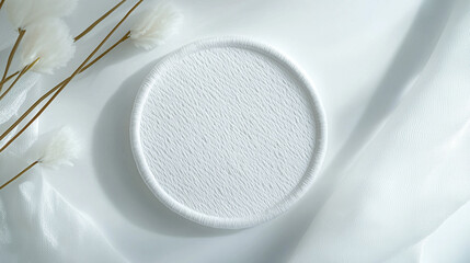 Poster - Elegant white round textile mockup with delicate flowers and fabric soft clean style image design