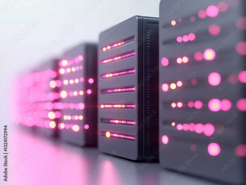 Modern server cluster with glowing pink lights, showcasing advanced technology and data processing capabilities. sleek design emphasizes innovation and efficiency