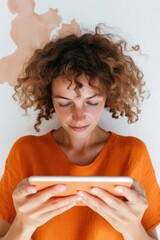 Aufkleber - Mindful Digital Connectivity Gen Z Wellness Technology with Soft Natural Light, Vibrant Orange Aesthetic and Curly-Haired Creator Exploring Intuitive Mobile Experience