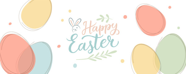 Fototapete - Happy Easter festive banner. Hand lettering and Easter eggs. Cute graphic design for Easter holiday greetings and invitations. Vector illustration.