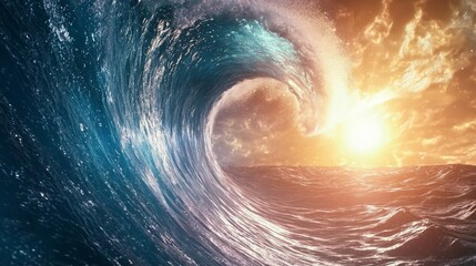 Wall Mural - storm swirl marine weather. a stunning wave rises dramatically against a vibrant sunset, showcasing 