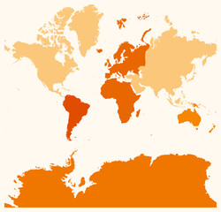 Poster - Map of World with continents. Just a simple border map with continent division. Orange color palette. Flat shape with administrative division. Vector illustration.
