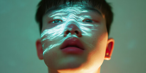 Poster - Cyan Light Projection on Young Person's Face