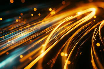 Poster - Abstract golden light trails dynamic energy background design dark wave lines shiny black style speed