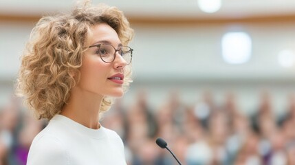 Poster - Empowered Leadership Unleashed Curly-Haired Female Professional Delivering Transformative Conference Keynote with Confidence and Inclusive Tech-Forward Vision
