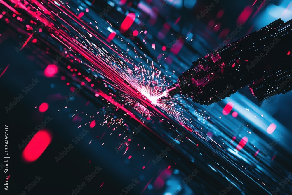 A dynamic laser cutting operation is in progress, with bright sparks flying in a workshop illuminated by vibrant blue and red lights. This technology emphasizes precision and innovation.