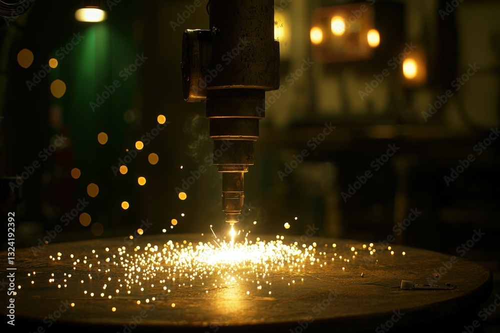 A drill is engaged in a metal-cutting task, sending sparks flying in a dimly lit workshop. Soft lights create a warm atmosphere around the busy workspace.