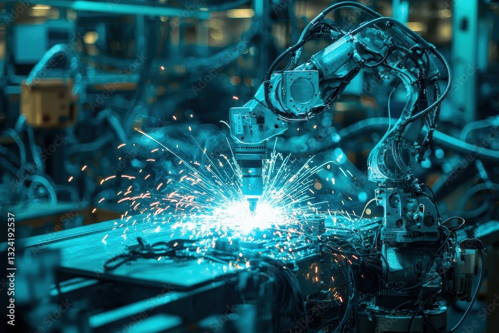 A robotic arm is engaged in a welding task inside a large industrial facility. Bright blue sparks illuminate the workspace as metal components are joined, showcasing advanced manufacturing technology.