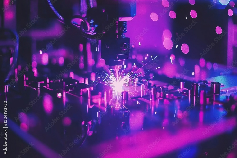 A laser cutting machine operates within a workshop illuminated by colorful lights. Sparks fly as the machine slices through metal, showcasing advanced technology in action.
