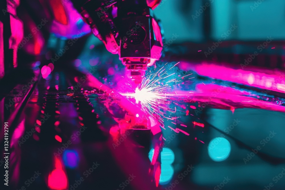 A laser cutting machine operates in a modern workshop, emitting bright sparks against a backdrop of vibrant blue and pink lighting. The focus on precision work creates a dynamic atmosphere.