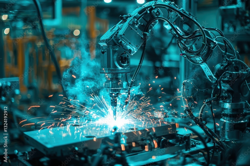 A robotic arm is engaged in welding on a metal surface, emitting bright sparks and smoke in a high-tech manufacturing environment. The setting highlights automation and precision engineering.