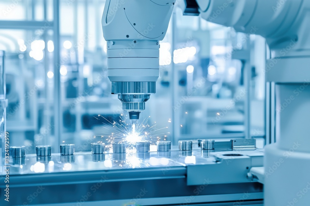 A robotic arm uses a laser to cut metal components on a production line. Sparks fly as the precision tool interacts with the material, highlighting advanced technology in a bright environment.