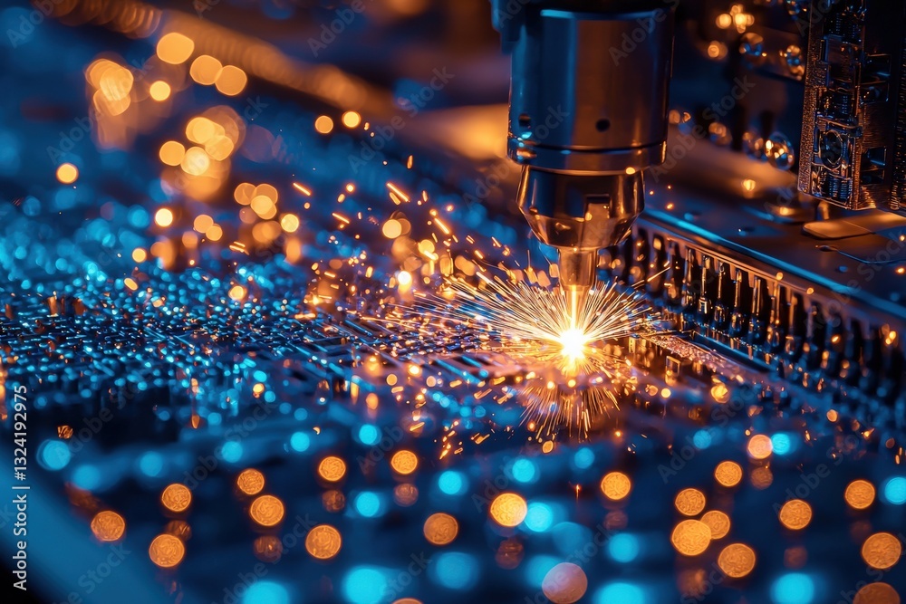 A laser cutting tool precisely interacts with a circuit board, producing vivid sparks in a vivid blue environment. The intricate design of the board is highlighted by the energetic display.