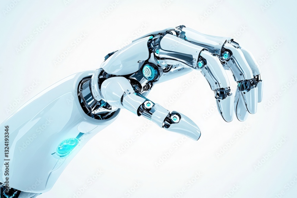 A highly detailed robotic hand extends outward, featuring sleek metallic fingers and intricate joints. This representation of modern robotics highlights the integration of technology and design.