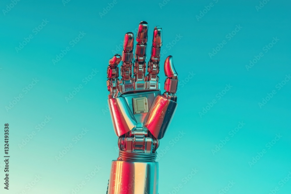 A metallic robotic hand with an intricate design rises against a bright blue-green background. The hands shiny surface reflects light, showcasing modern technology and innovation.