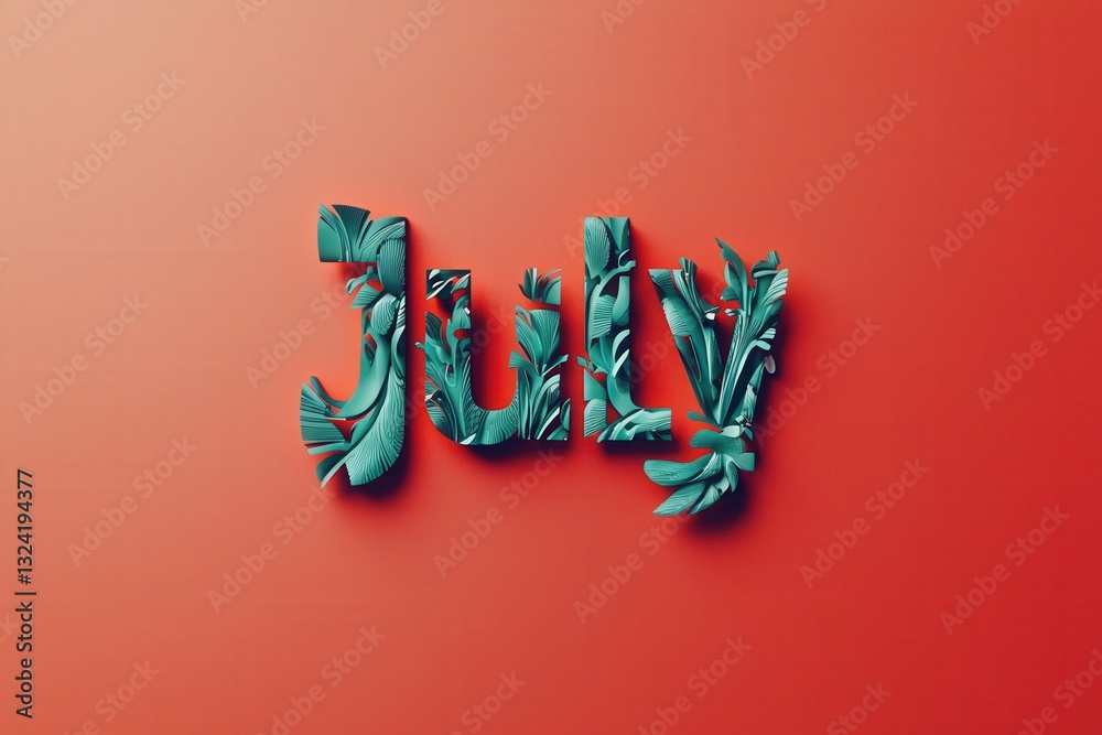 Colorful lettering spells out July, intricately designed with floral patterns. The bold turquoise text stands out against a warm red background, creating a lively and festive atmosphere.