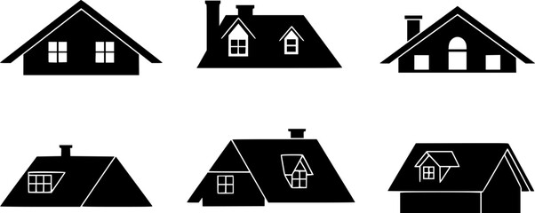 Black and white illustration, roof styles, architectural drawings, simple house shapes, gable roofs, dormers, chimney designs, minimalist house icons, silhouette houses, variety of roof angles, 