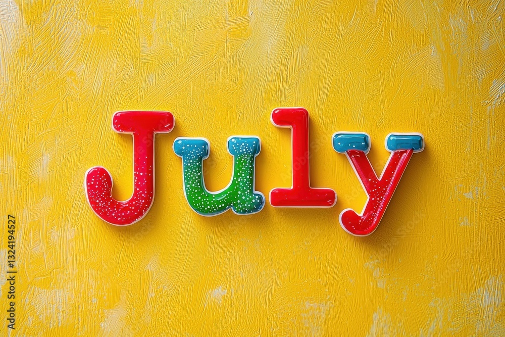 Colorful letters spelling July stand out against a vibrant yellow backdrop. The playful colors and glossy finish evoke a cheerful and festive atmosphere, perfect for summer celebrations.