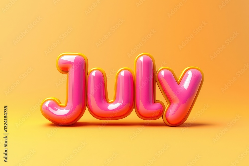 Bold and playful 3D text spells out July in bright pink with yellow highlights, set against a warm orange backdrop. The lively design creates an inviting and cheerful vibe.