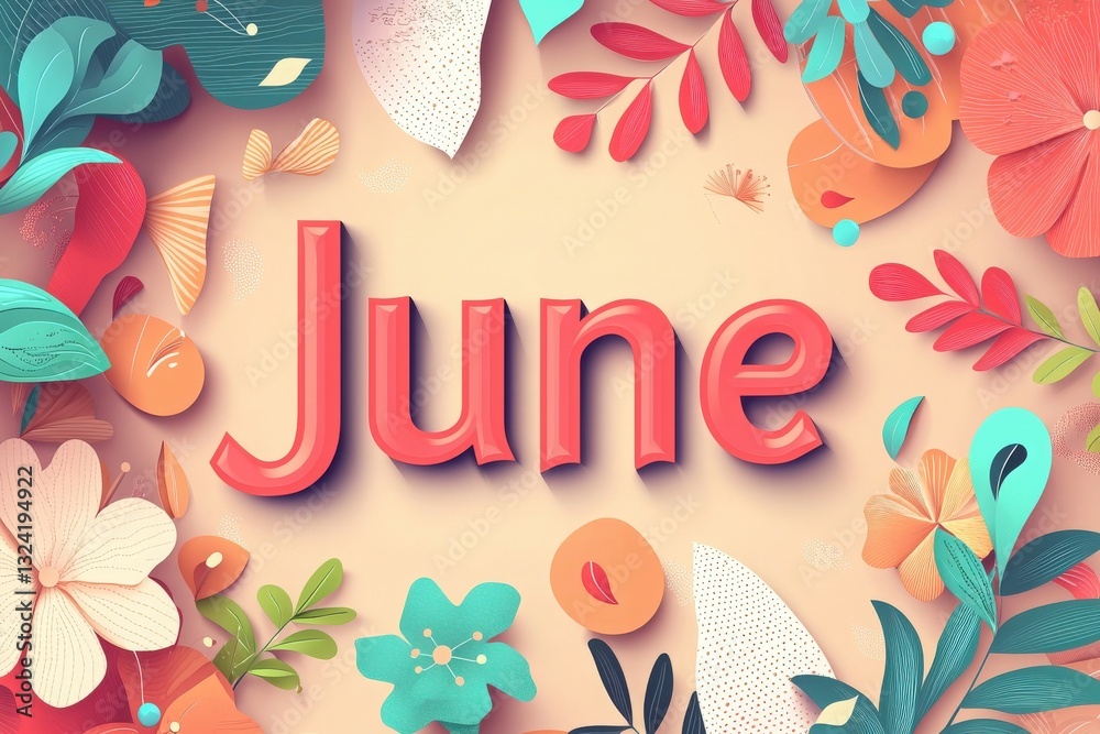 Amidst an array of vibrant flowers and leafy designs, the word June stands out in bold letters. The composition showcases a harmonious blend of colors and shapes, embodying summers arrival.