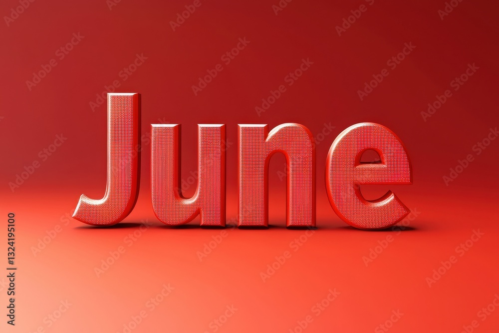 The word June is displayed in bold, red letters against a matching red background. The letters have a textured appearance, creating a visually striking effect.