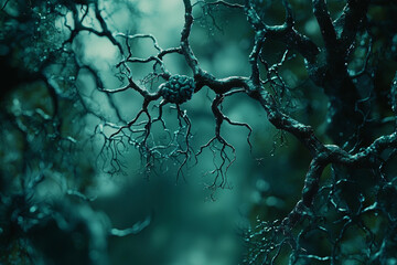 Poster - Abstract dark teal neuron network branching structure detailed illustration 3d cell green brain model