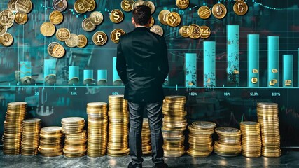 Poster - A man in a suit examines cryptocurrency trends while surrounded by stacks of coins and financial data visualizations