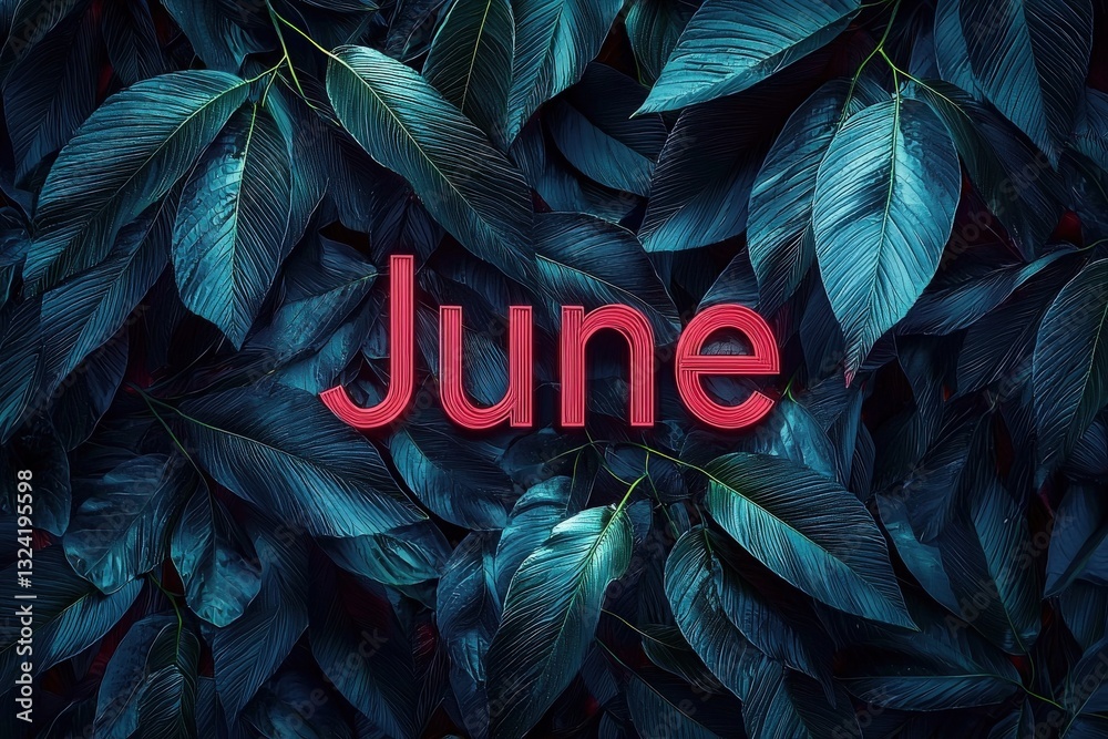 The artwork features lush, dark green leaves creating a rich backdrop, with the word June standing out in bold red lettering. The vibrant colors enhance the natural beauty.
