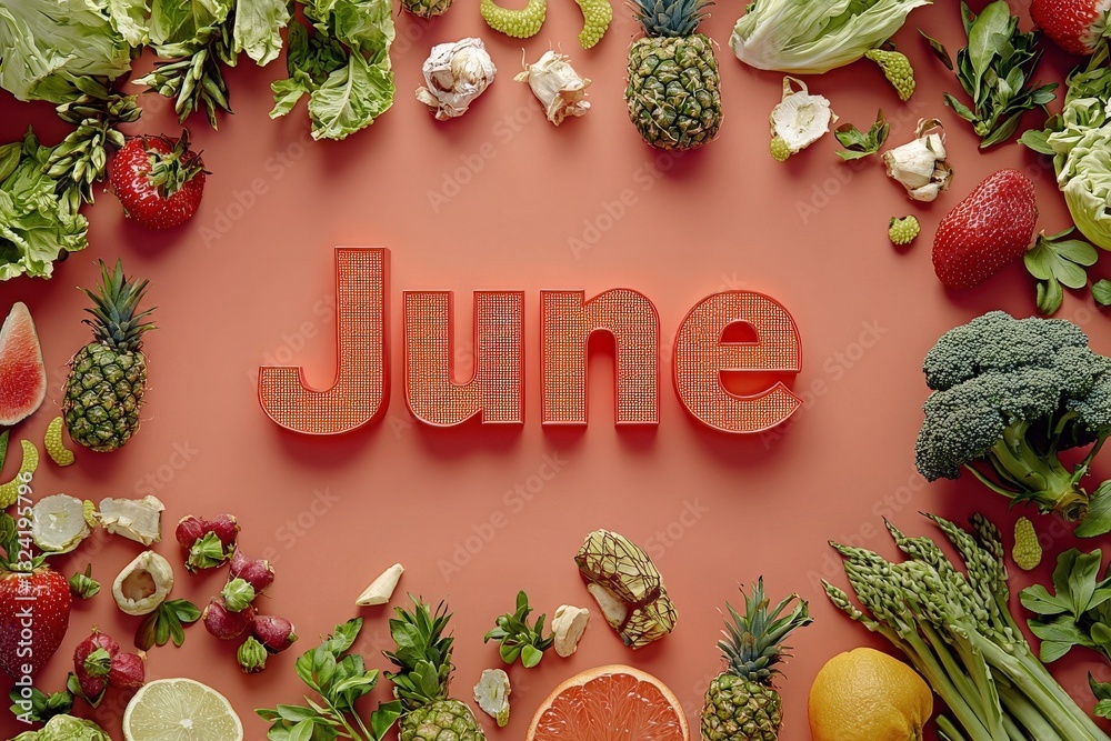 Colorful fruits and vegetables frame a striking June text in bright red. The arrangement highlights seasonal freshness with strawberries, pineapples, and leafy greens.