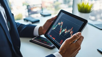 Poster - Market Analysis on Tablet: A close-up shot of a person in a suit reviewing financial data and stock market trends on a tablet, with a sense of strategy, economic analysis.