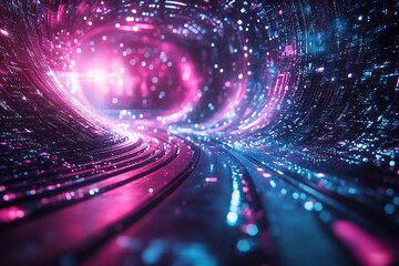 Poster - Abstract pink blue digital tunnel glowing neon lights technology background art data space color